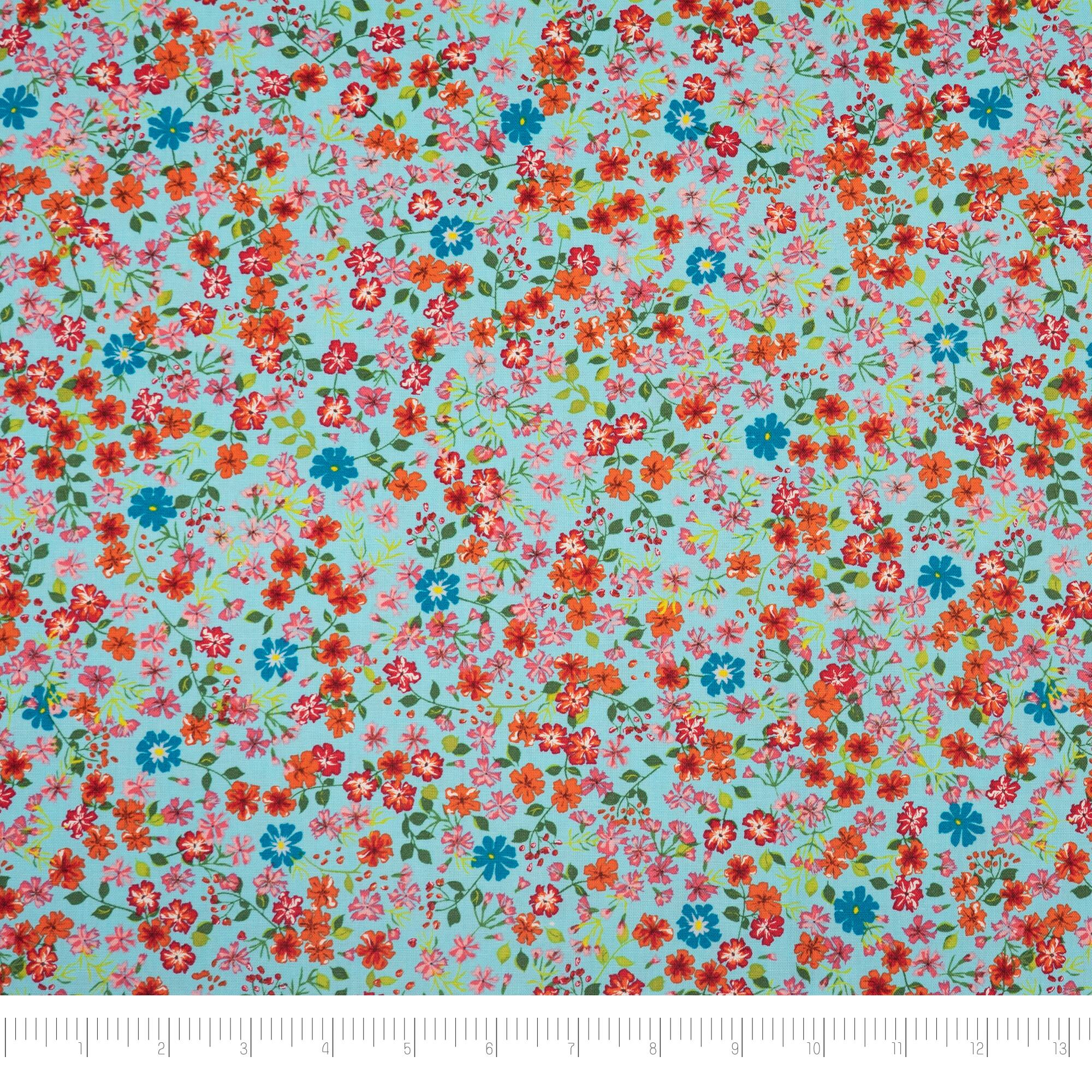 SINGER Orange Small Floral on Blue Cotton Fabric